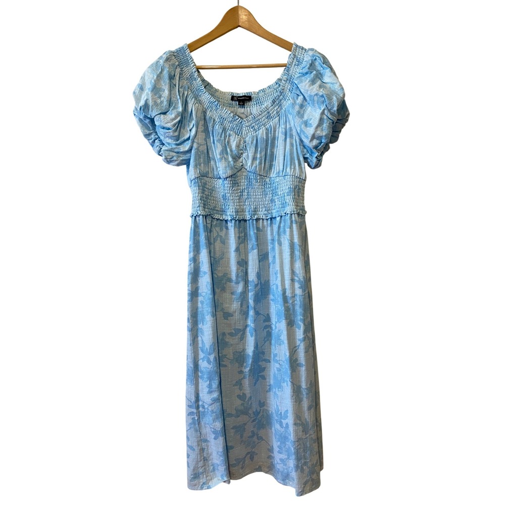INC International Concepts Dress L Blue Floral Smocked Midi Puff Sleeve Milkmaid